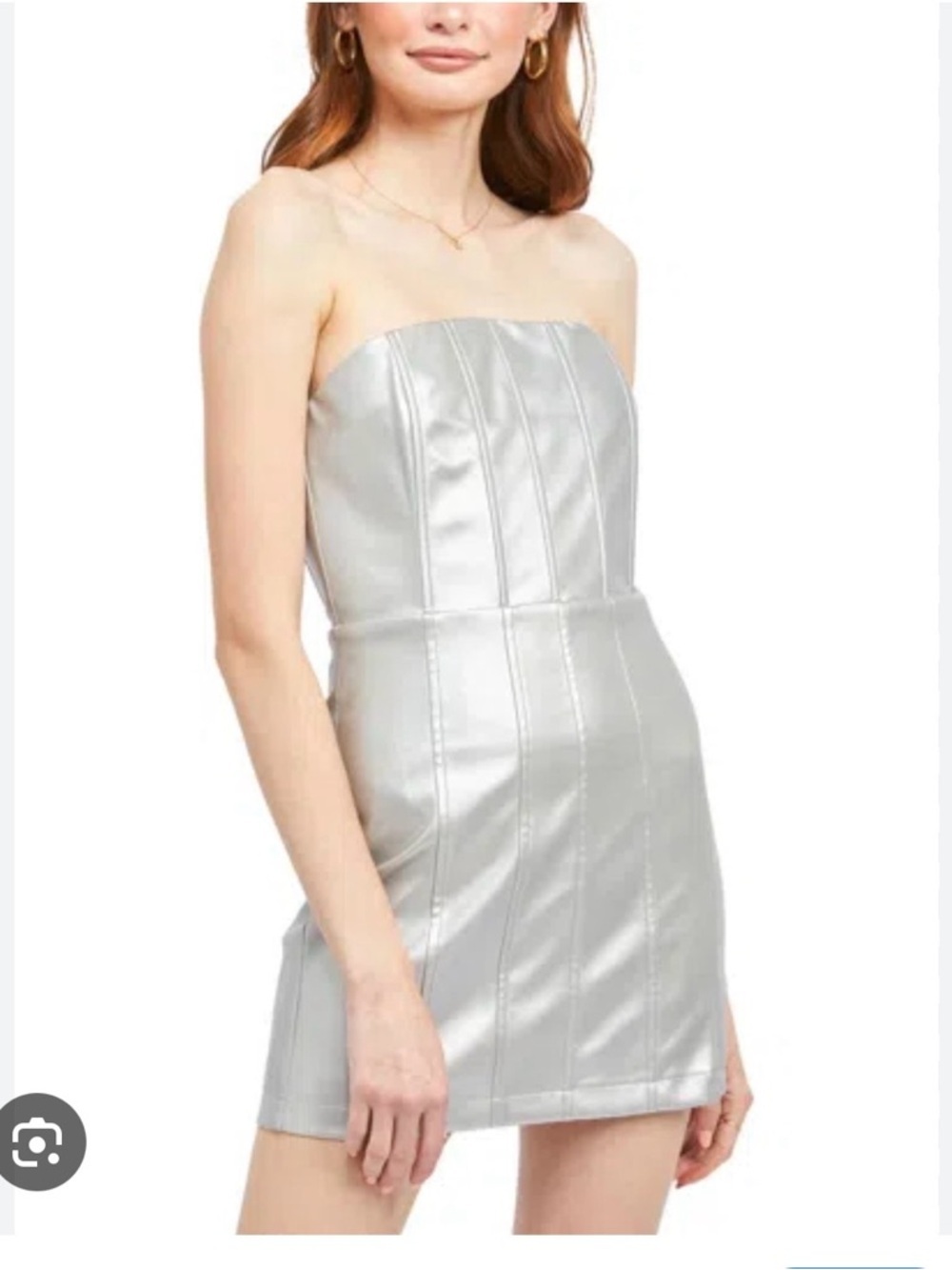 En Saison Sloane Metallic Silver Strapless Mini Dress Medium Faux leather Y2K